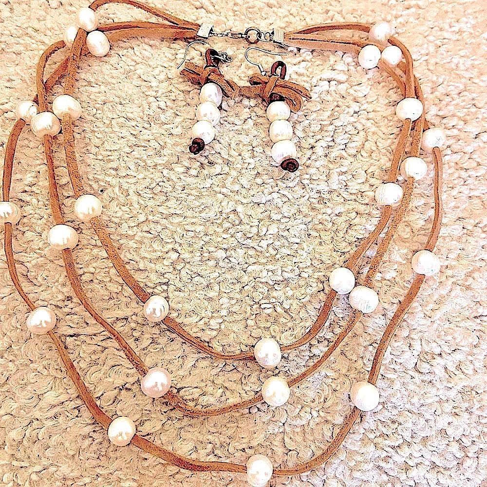 Light brown suede and natural pearl necklace ,earrings set.  34 pearls in total!